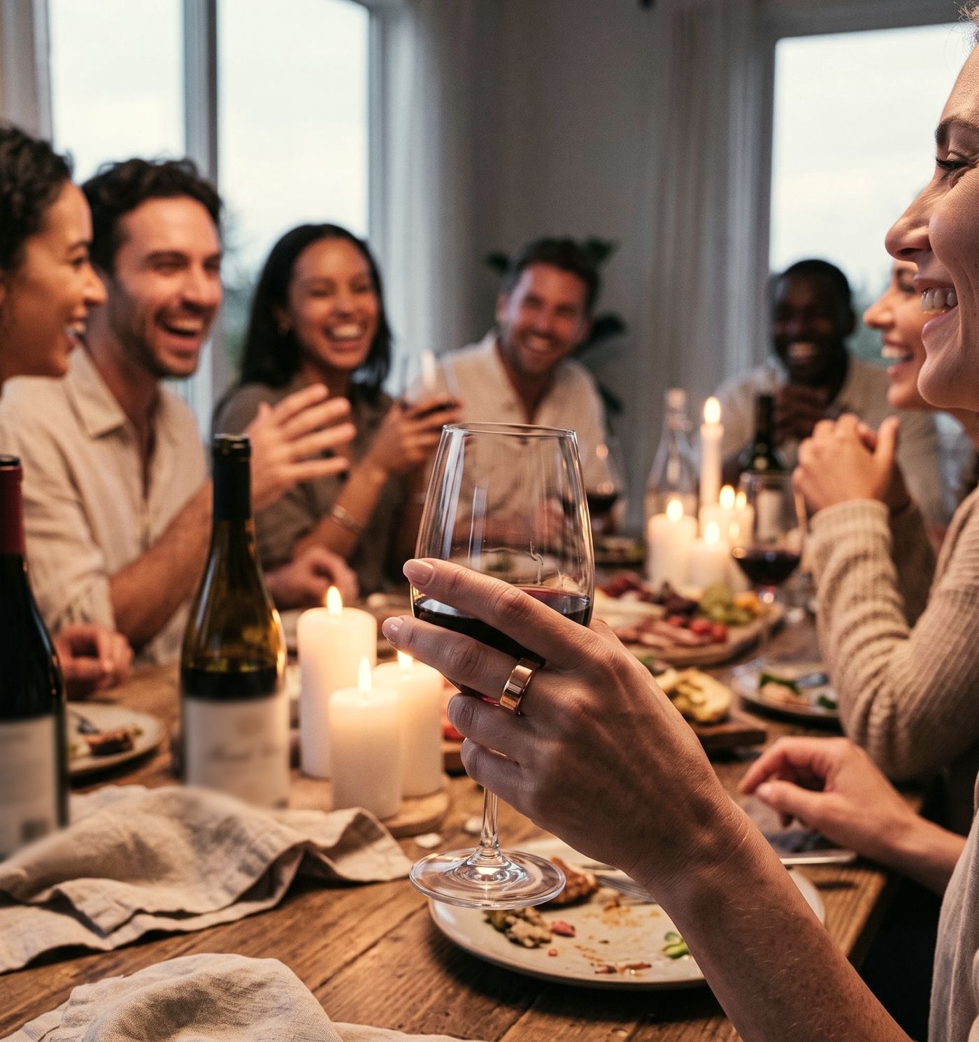 Freunde lachen bei einem Abendessen mit Kerzenlicht, im Vordergrund eine Hand mit Weinglas und dem VYTA Ring in Champagner