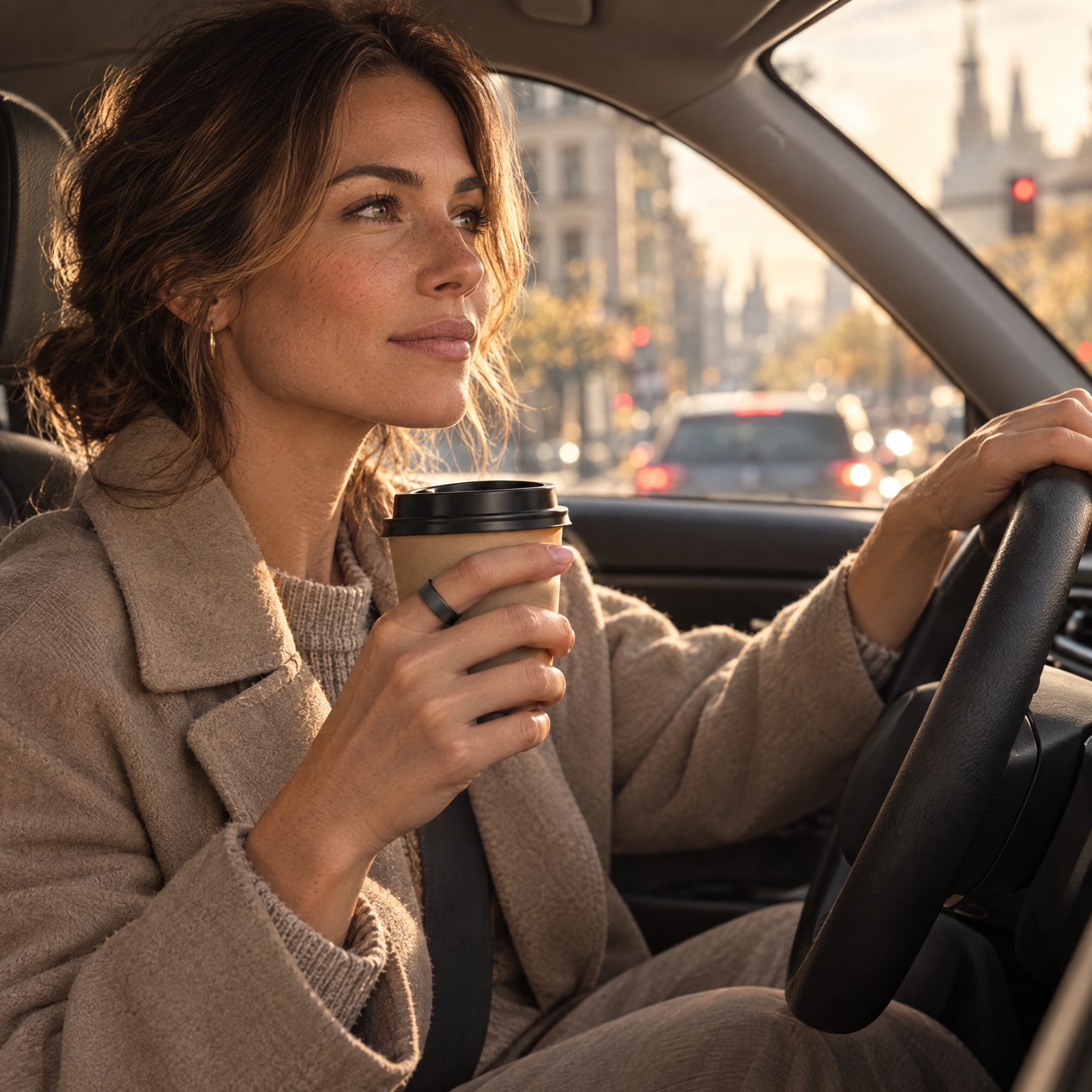 Eine Frau mit VYTA Ring wartet morgens mit einem Kaffeebecher im Auto an einer roten Ampel