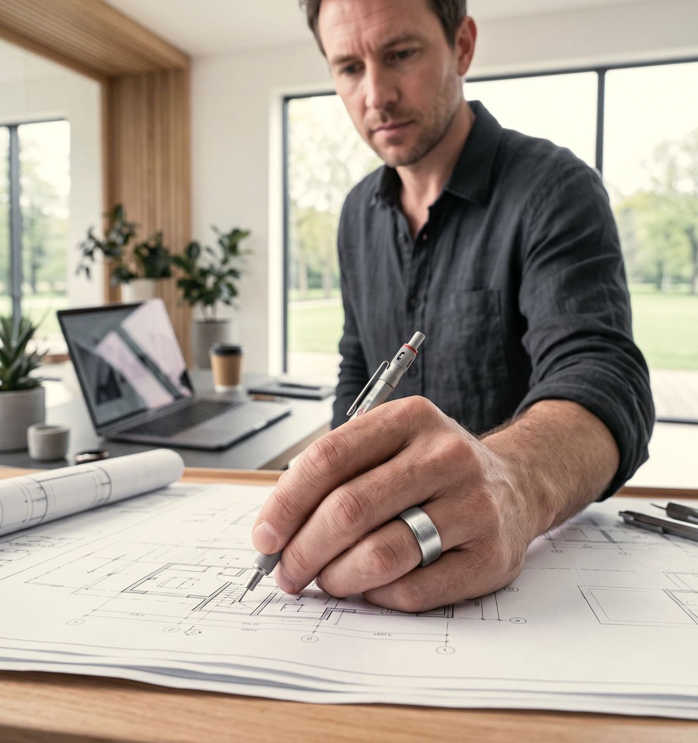 Ein Architekt zeichnet konzentriert an einem Grundriss, am Finger den VYTA Ring in Silber