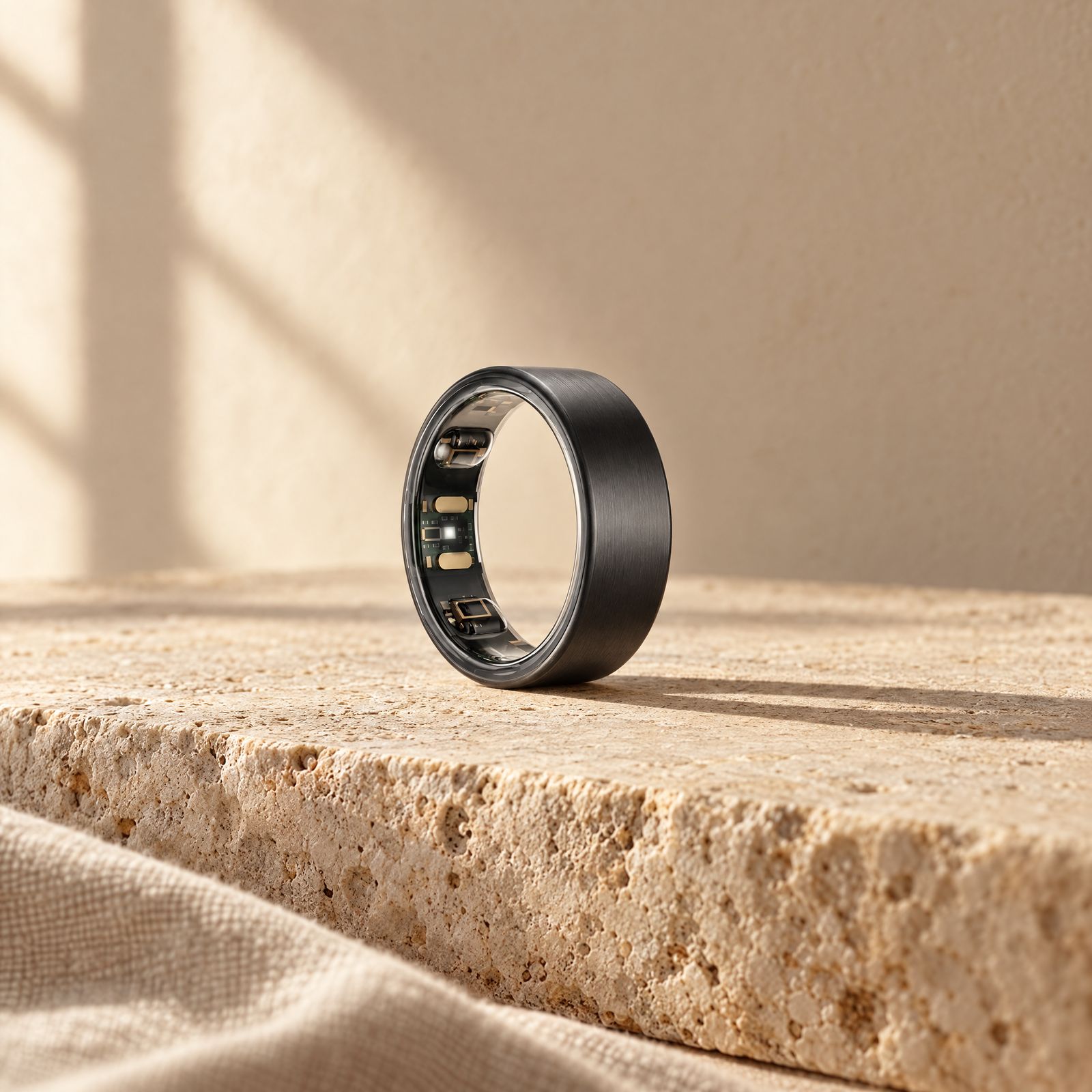 VYTA Ring auf einem Travertinblock im Morgenlicht, im Wechsel in Graphit, Silber und Champagner