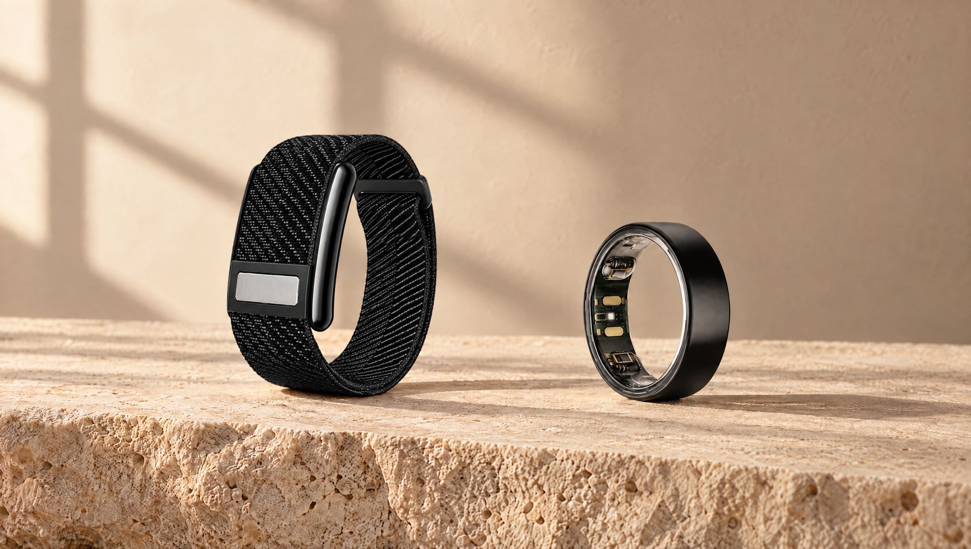 Das VYTA Band in Schwarz und der VYTA Ring in Graphit auf einem Travertinblock