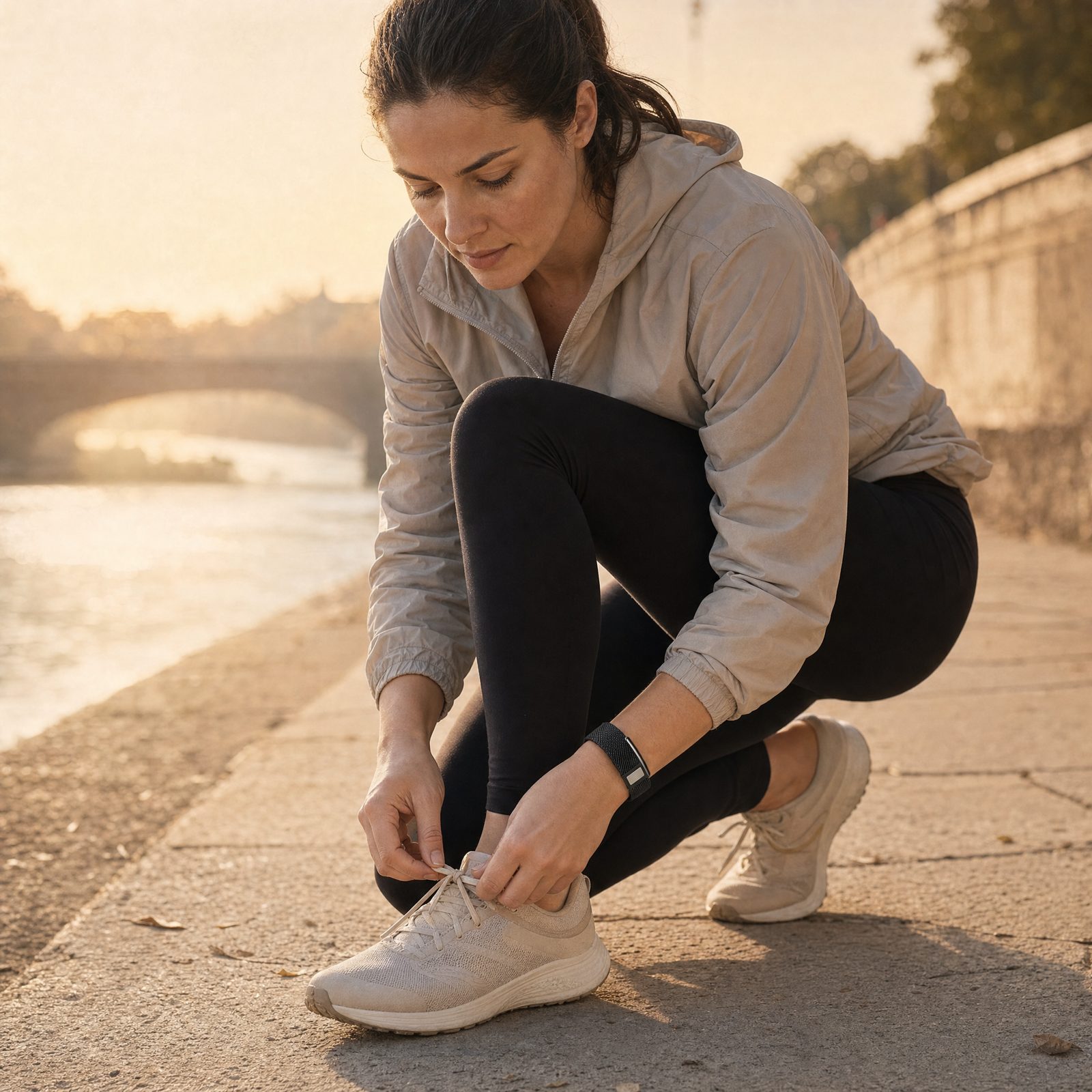 Eine Läuferin mit VYTA Band bindet morgens an einem Flussufer ihre Laufschuhe